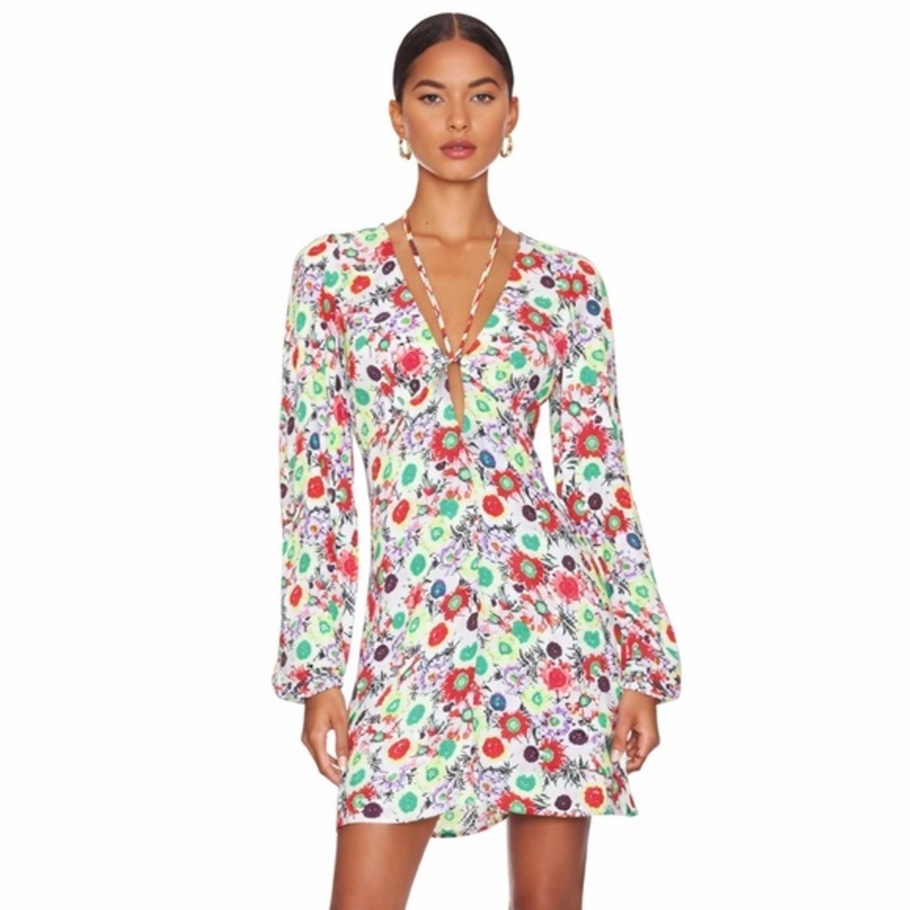 AFRM Caprice Summer Floral Daisy Bouquet Floral Long Sleeve Mini Dress Small